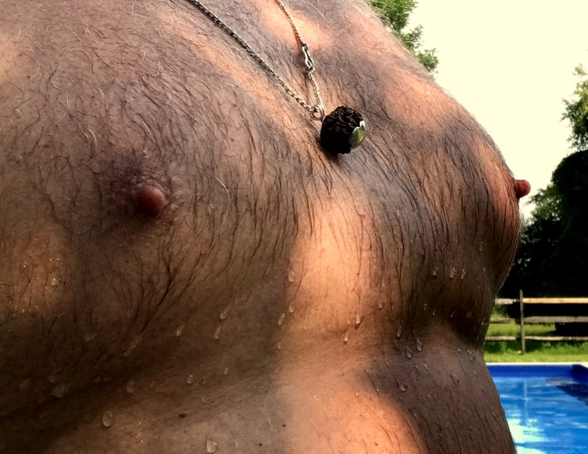 Hypnodaddy's big daddy nipples on a wet, hairy chest by the pool