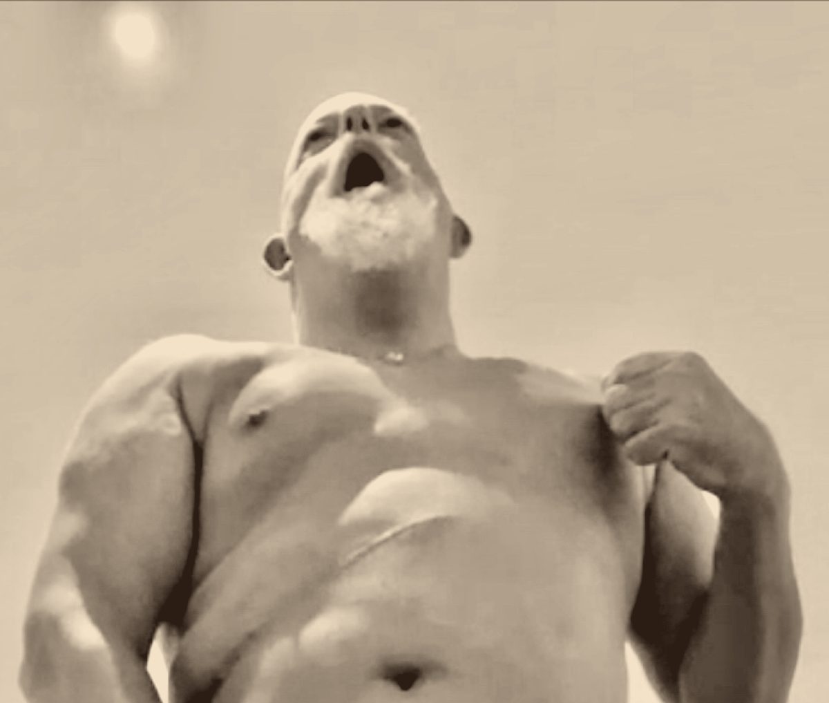 Malehypnosis chest, nipples and face from below, sepia