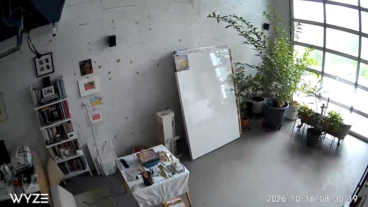 Large white canvas and bookshelf in the private art studio