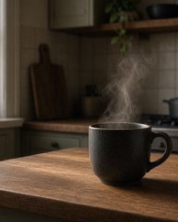 A dark mug steaming on a wooden kitchen counter in soft morning light